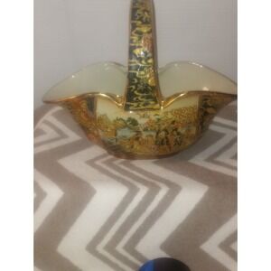 Royal Satsuma Hand Painted Basket Vase Floral Women Landscape 11 3/4L